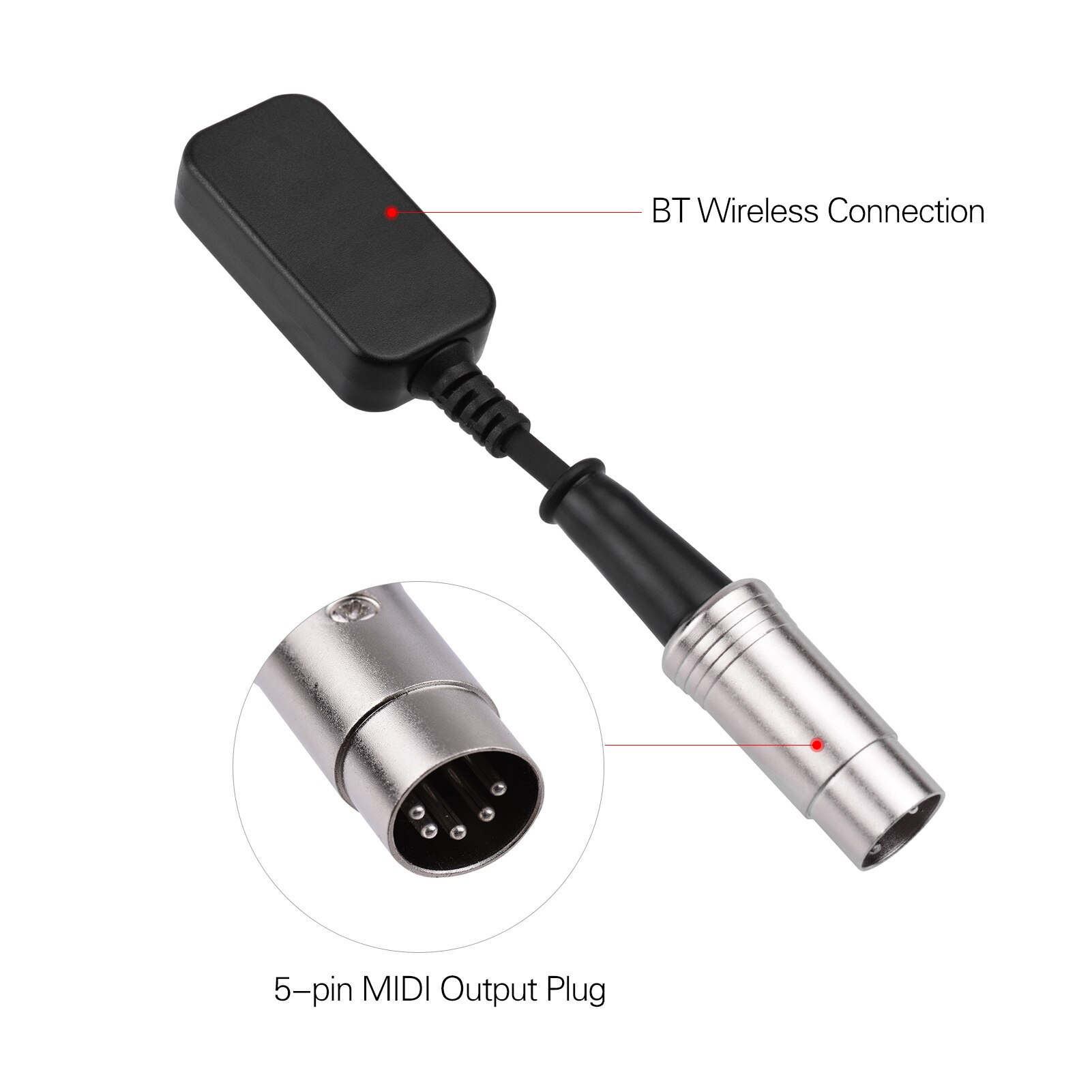 Wireless MIDI Connector Adapter BT Connection Converter with 5-PIN DIN MIDI Output Plug Compatible with MIDI Keyboard Piano