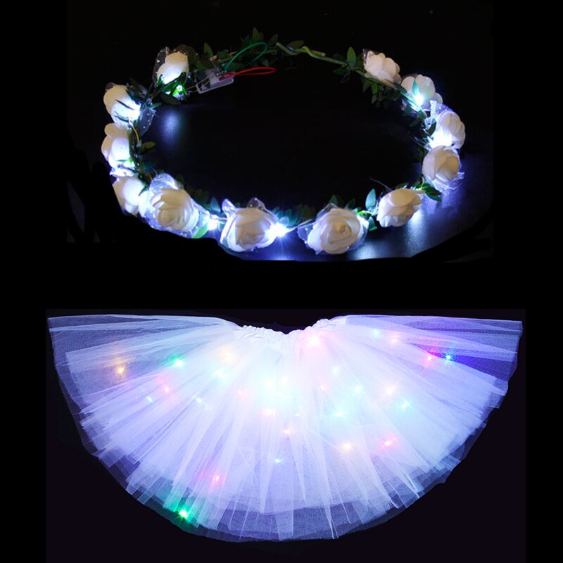Jupe Tutu lumineuse LED pour femmes et filles, guirlande de fleurs, bandeau, , vêtements de fête néon, Costume de princesse de mariage d&#39;anniversaire: white skirt A