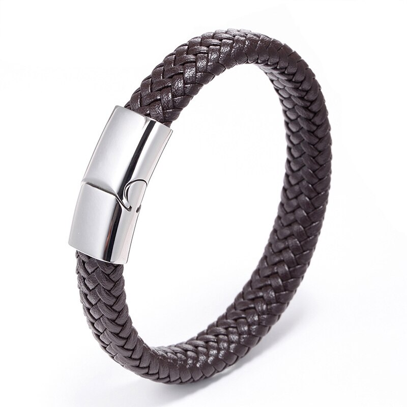 Handgemachte Geflochtene Armreif Männer Biker Manschette Schnalle Leder Magnetische Armband: Brown Silver