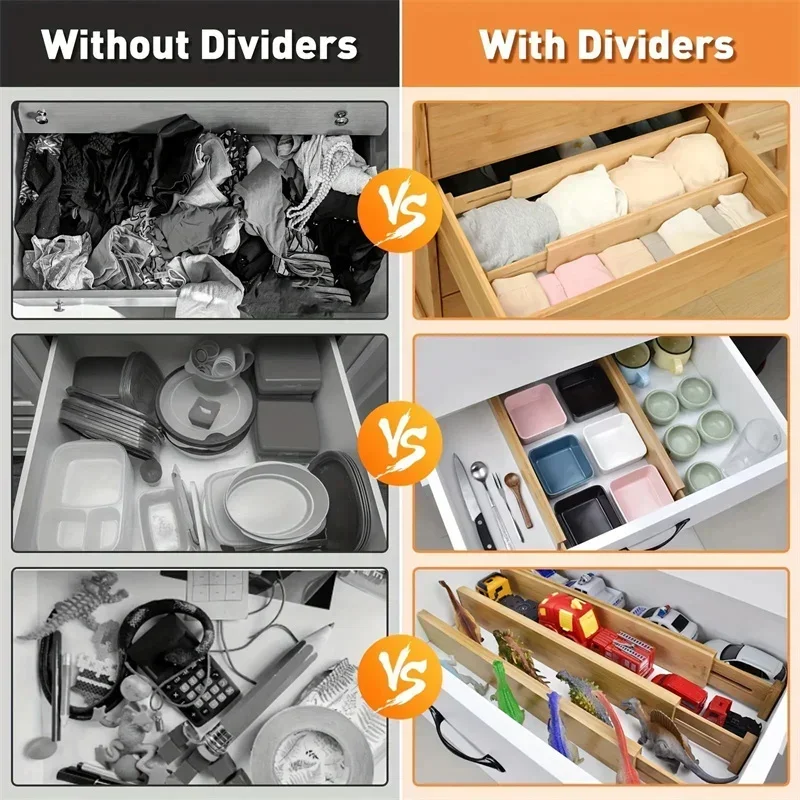 4 stuks bamboe keukenladeverdelers, verstelbare lade-organizers, veerbelast, werkt in keuken, dressoir, badkamer, slaapkamer, lade