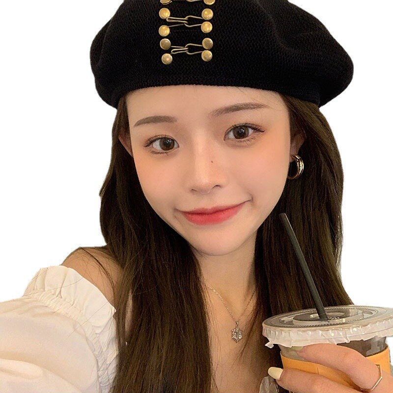 Kpop Linen Braid Beret Hat For Ladies Straps Studs Thin Breathable Casquette Trend Summer Vacation Boina Caps Painter Gorras