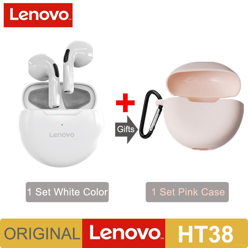 Original Lenovo LivePods HT38 Headphones TWS Wireless Bluetooth Earphone Sports 9D Stereo Bass Headsets For Android IOS Earbuds: White ad Pink Case