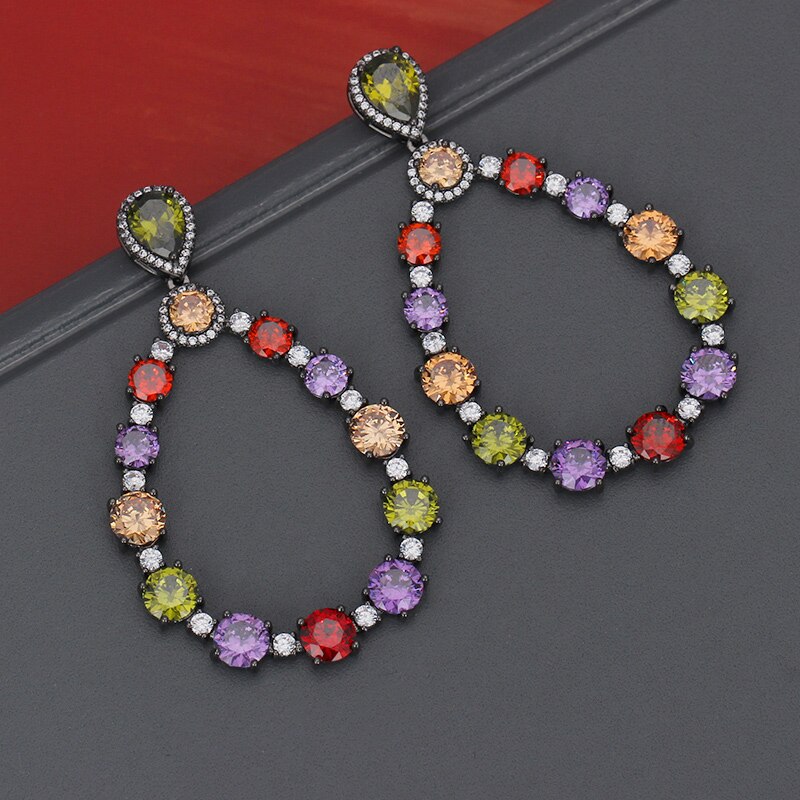 Luxury Colorful zircon earring high multicolour eardrop for Female wedding bridal jewelry: Gun black