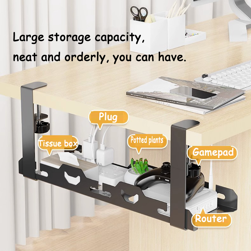 Under Desk Cable Management Tray No Drilling Extendable Metal Under Table Storage Rack mesh Home Office Desk Wire Organizer
