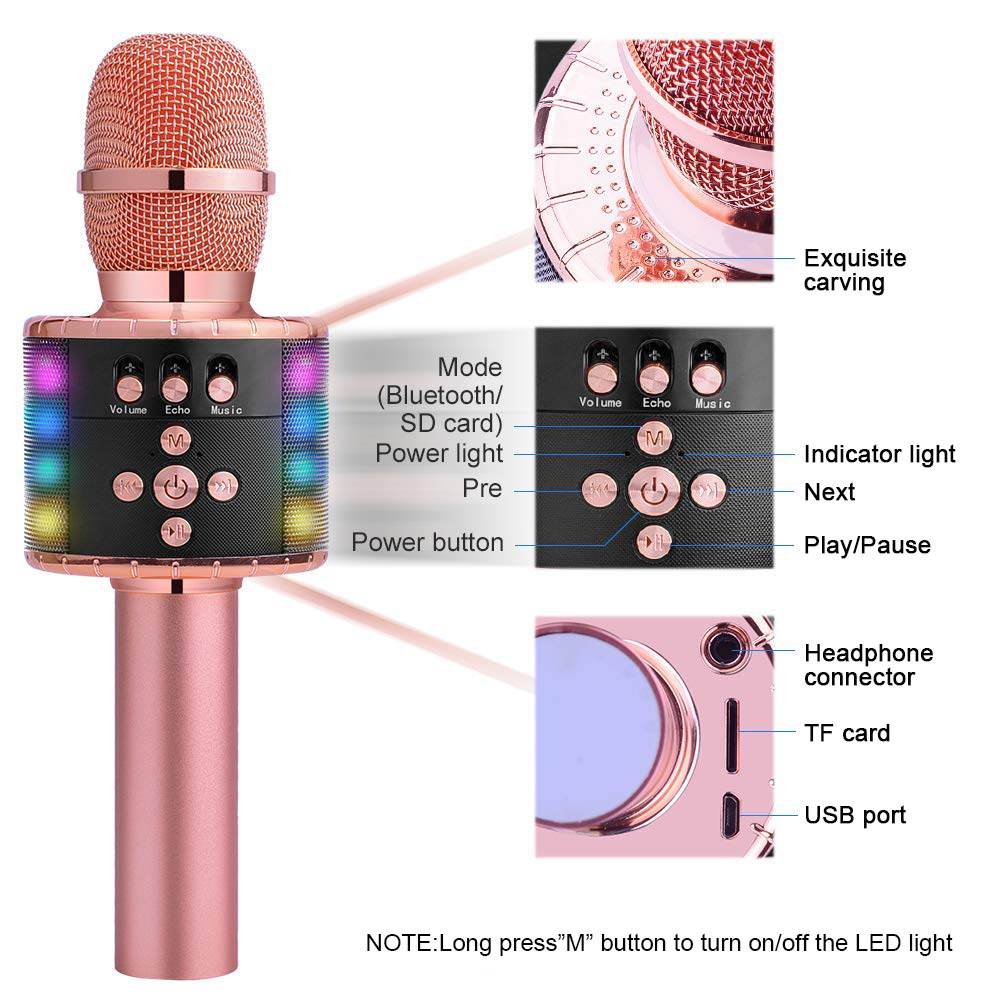 7 Colors Led Light USB Bluetooth Wireless Pink Microphone Speaker Handheld Microphone Ktv Karaoke Mic Music Player