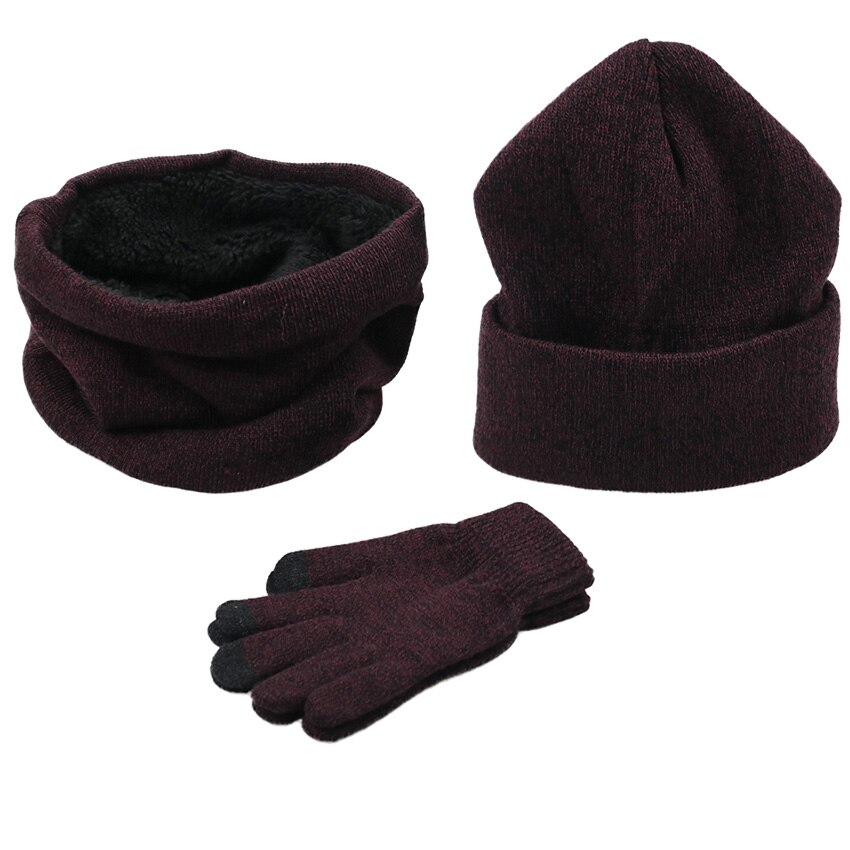 3 Pieces/Set Winter Women Hats Scarves Gloves Kit Knitted Plus Velvet Hat Scarf Set For Male Female Beanies Scarf Gloves: Red Brown