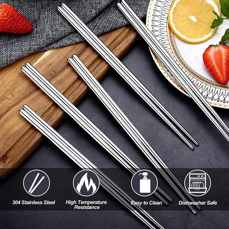 Palillos chinos de acero inoxidable, palillos antideslizantes para Sushi, palillos de Metal para comida japonesa coreana, juego de vajilla de cocina, 1/2/5 pares