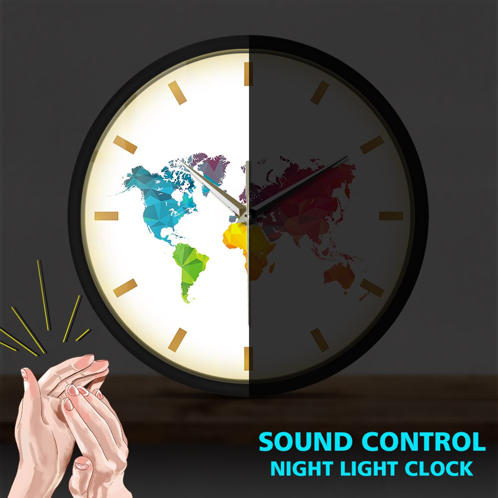 Unique Colorful World Map Wall Clock LED Illumination Sound Control WatchGeometric Wall Art Housewarming Traveler