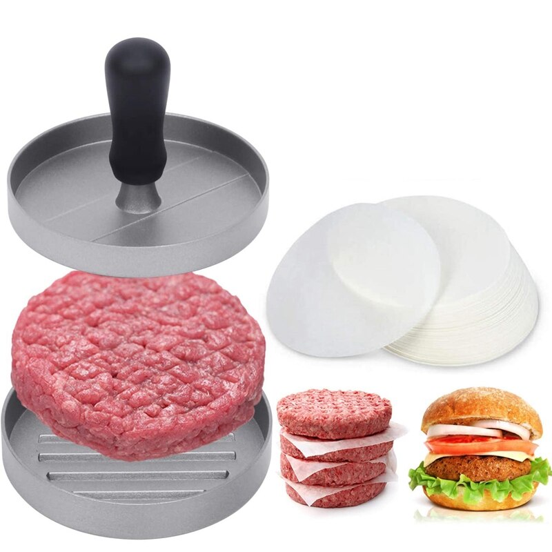 Burgerpress med 100 ark vaxpapper, aluminium non-stick bbq patty mögel med avtagbart handtag, köttbiff hamburgare