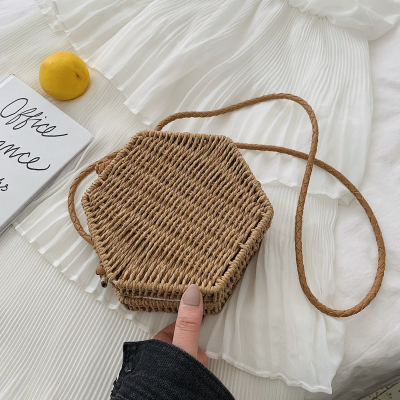 Hexagone femmes sac à main été plage paille sac bohême rotin tissé rétro épaule bandoulière sacs à la main couleur unie Bali boîte