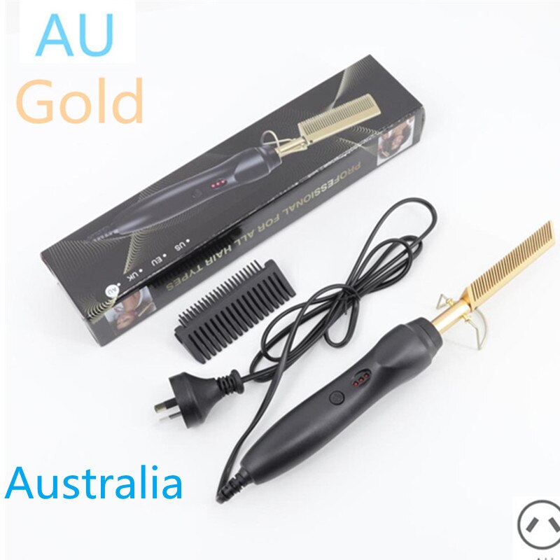 Plattång elektrisk lockig kam plattång borste snabbt kam hår rakt 2 in 1 korrugering lockar strykjärn: Australiens guld