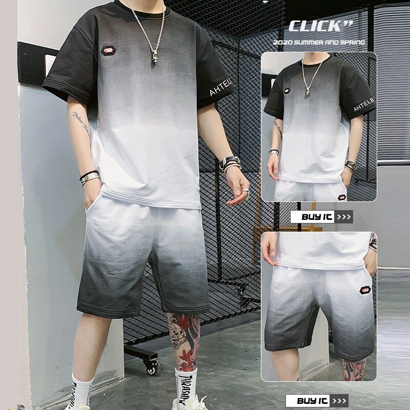 Herresæt 2- delt outfit sportssæt kortærmet sommer fritids træningsdragt tynde t-shirt shorts jakkesæt gradient
