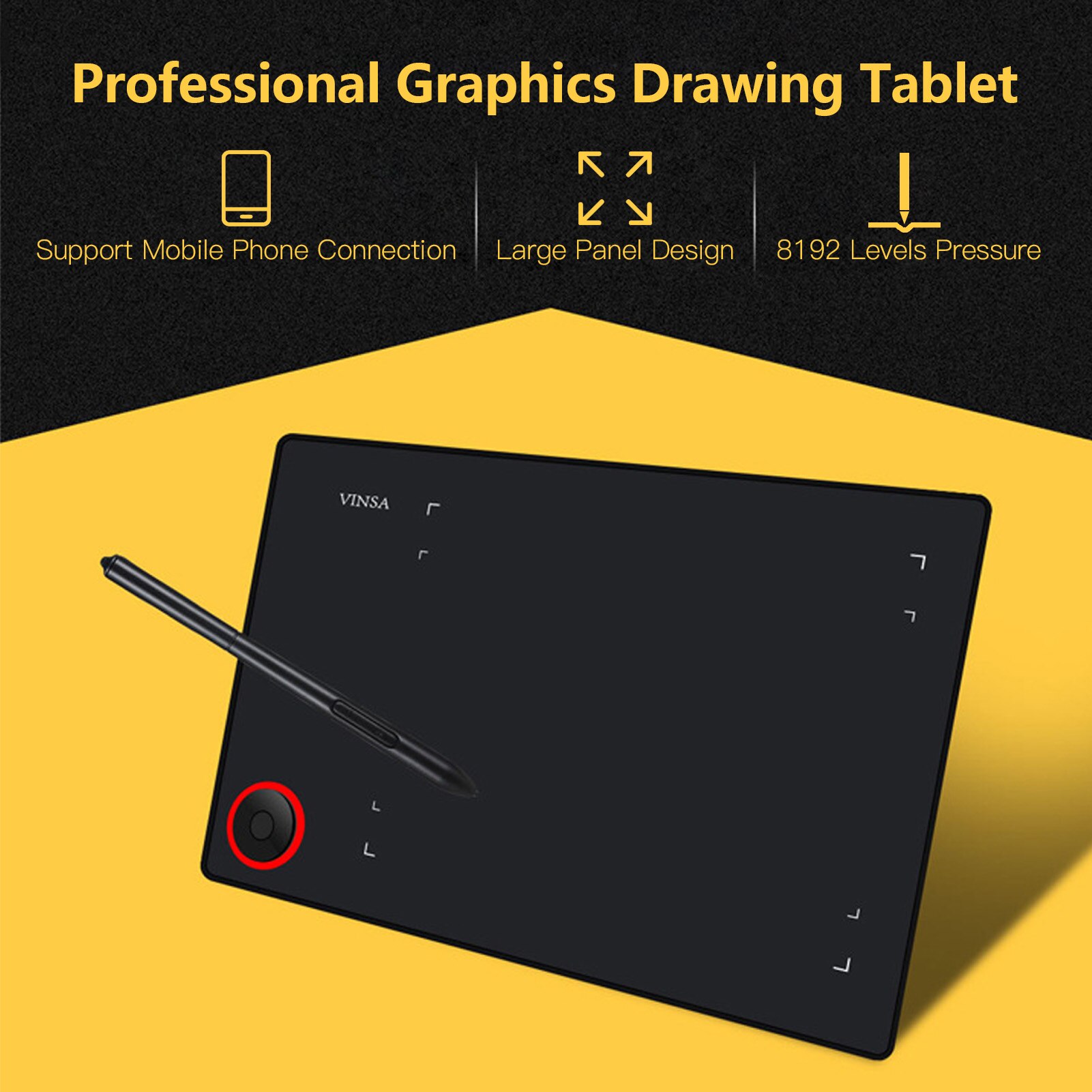 Graphics Drawing Tablet Writing Board Controller Knob 8192 Levels Battery-Free Stylus Support PC/Laptop/Smartphone