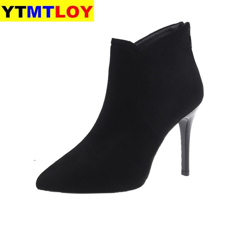 Botas de tacón alto para mujer, zapatos de gamuza, puntiagudos, cremallera lateral, color sólido, para invierno: 35