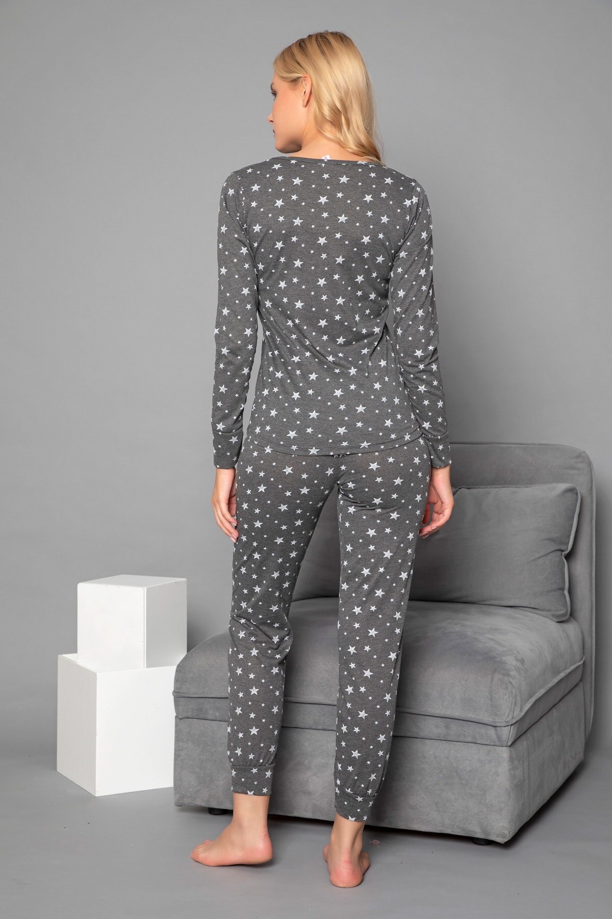 CHQEL Women Anthracite Cotton Long Sleeve Pajamas Suit