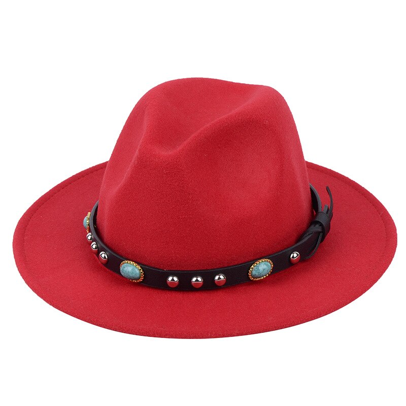 Sombrero de fieltro Vintage estilo inglés para hombre y mujer, Fedora de fieltro de lujo, hebilla de cinturón ancha, gorros con visera vaquera, sombrero de Jazz: Rojo