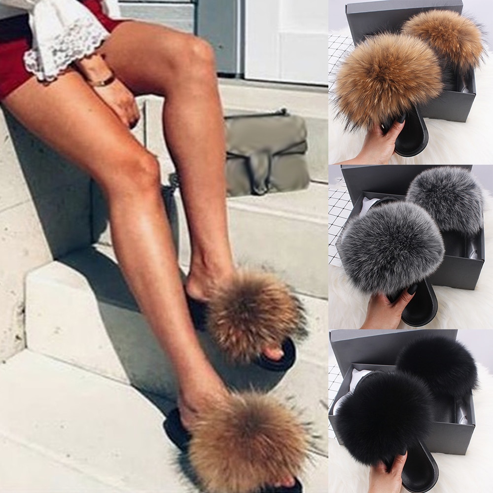 Imitatie Vossenbont Slippers Faux Furry Fluffy Slippers Vrouwen Slides Sandalen Indoor Schoenen Voor Vrouwelijke Slip Op Slippers d30