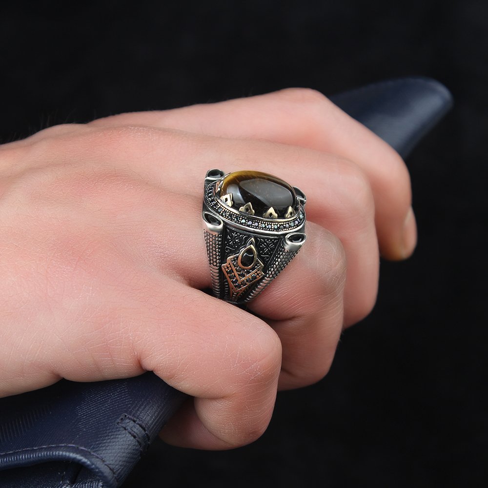 925 anel de prata esterlina para os homens tigre pedra, jóias moda vintage presente onyx aqeq masculino anéis todo o tamanho