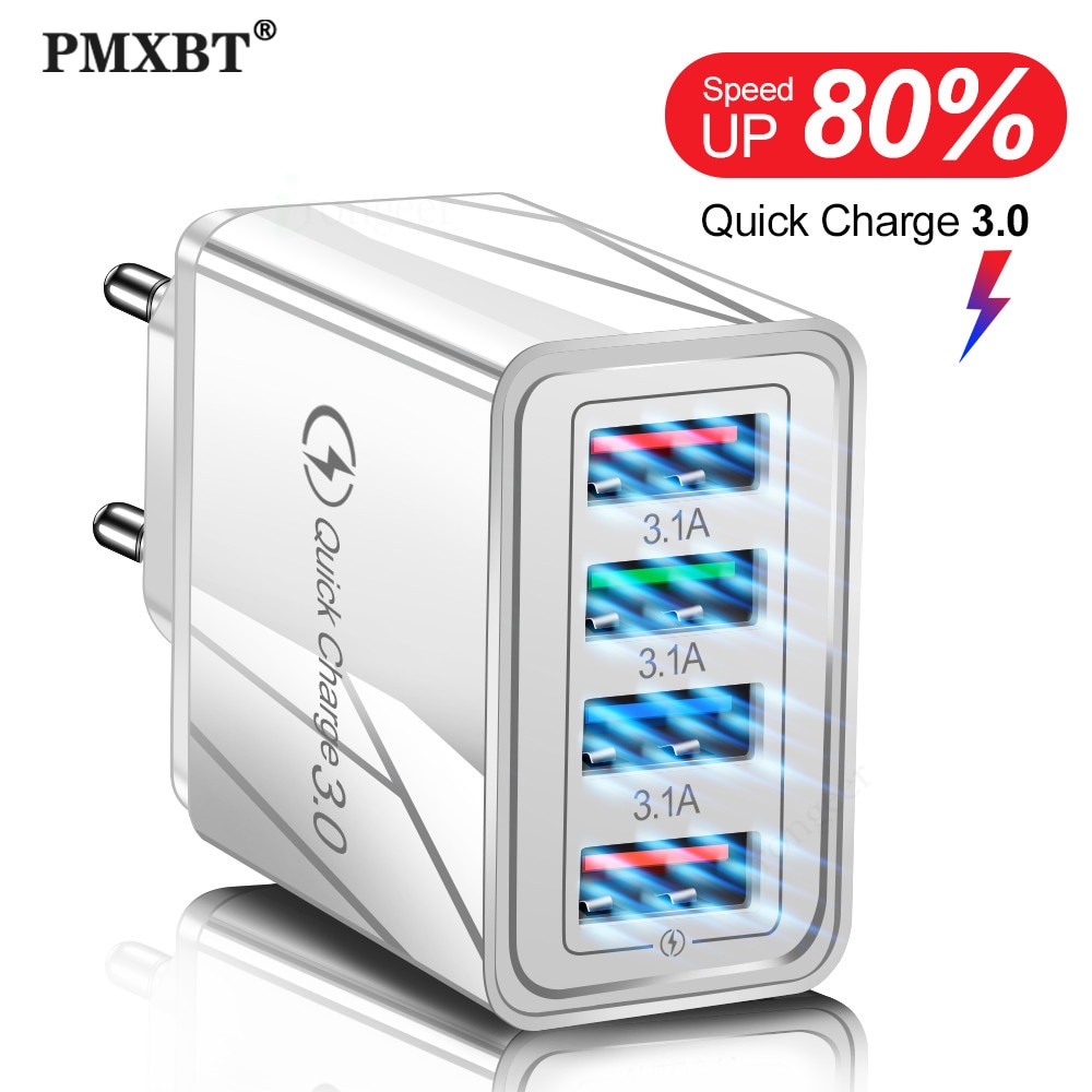 PMXBT-cargador USB de carga rápida para iPhone, Samsung y Xiaomi, adaptador de cargador de pared con puerto múltiple QC3.0, enchufe europeo y estadounidense