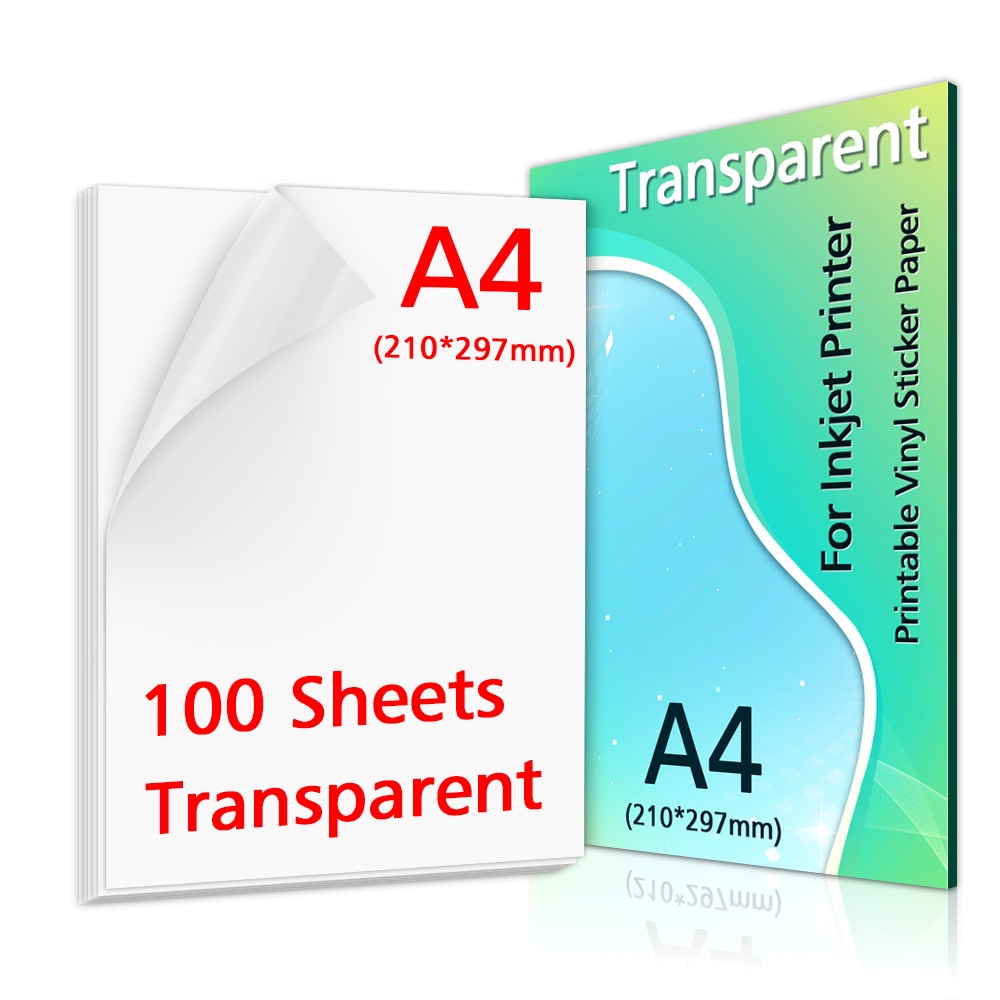 10/20/30/40/50/100 Sheets Transparant Printable Vinyl Sticker Papier A4 Waterdichte Zelfklevende kopieerpapier Voor Inkjet Printer: 100-Transparent
