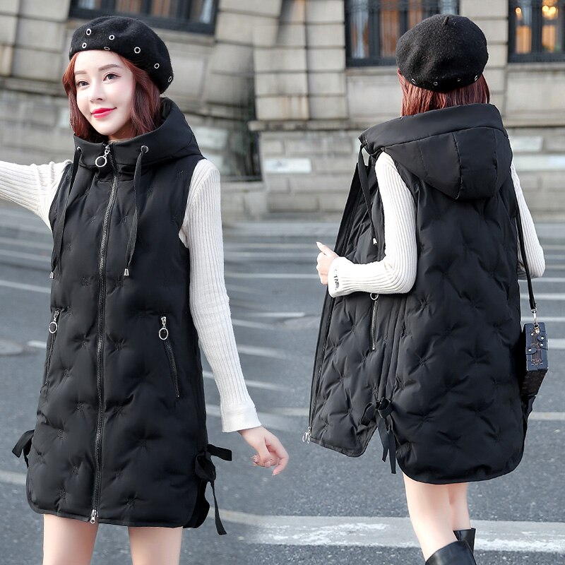 Veste chaude sans manches pour femme, veste matelassée avec broderie de Style coréen, hiver et automne: Black / L