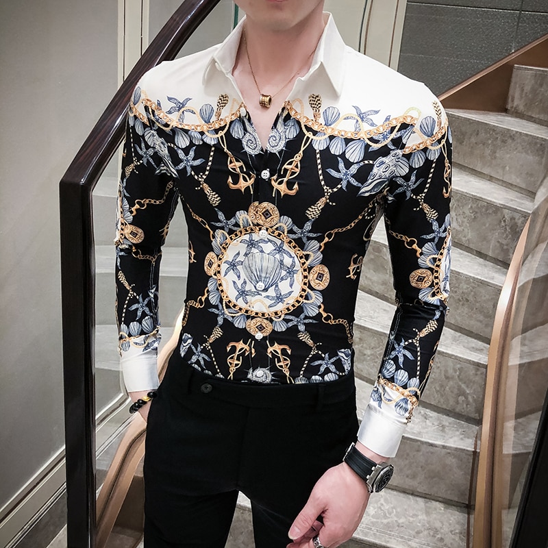 Guld sort koreansk mænd tøj streetwear print mænd casual skjorte slim fit mænd skjorte kjole fest smoking camiseta masculina