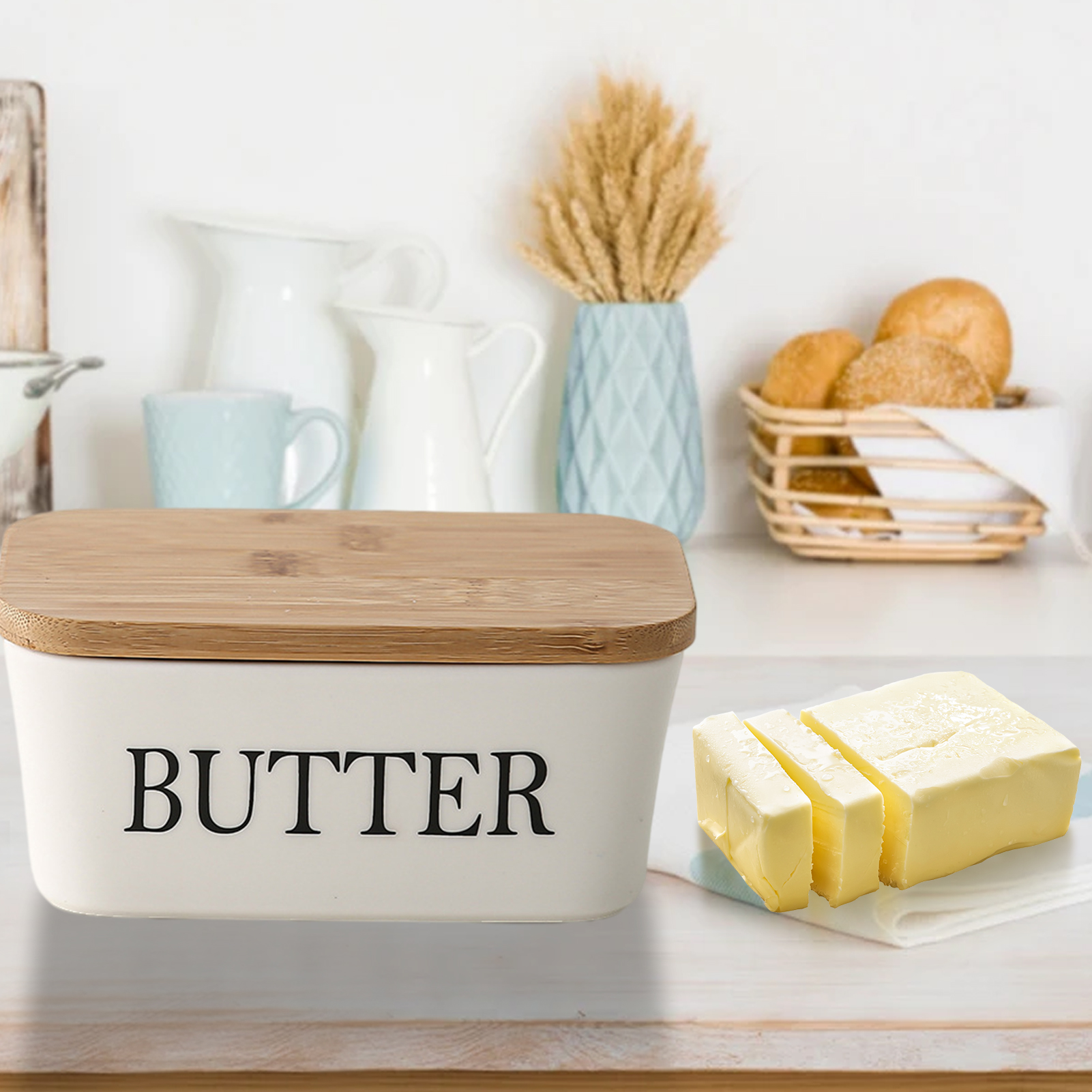 Nordic Ceramic Butter Sealing Dish with Wooden Lid Multi-Function Butter Container Box Sustainable Bamboo Lid Kitchen Supplies