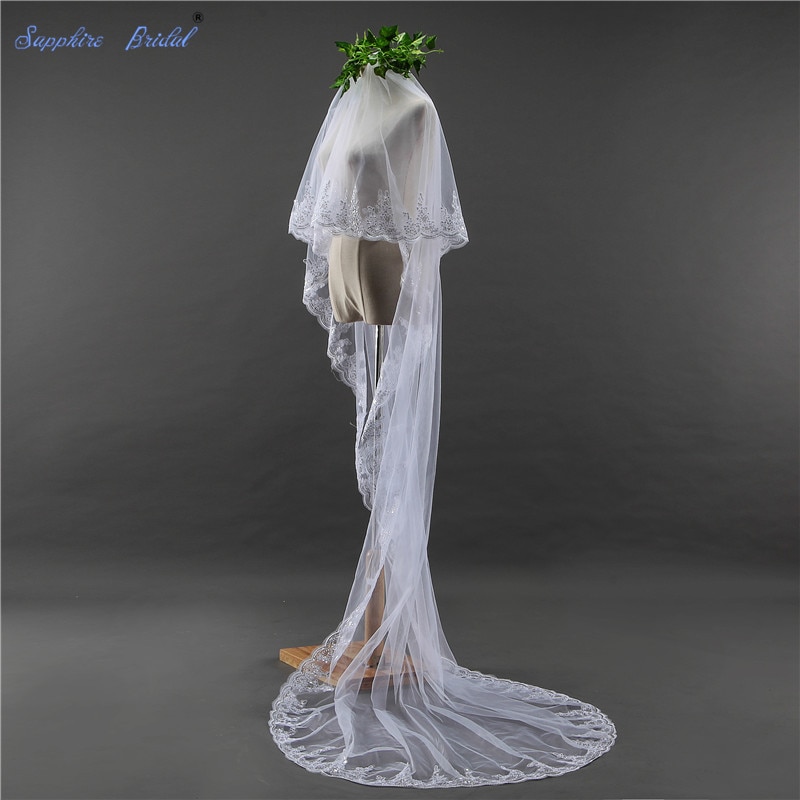 Voile De mariage avec fard à joues gratuit, voile De mariée De saphir 2 niveaux, avec bord en dentelle De 3 mètres