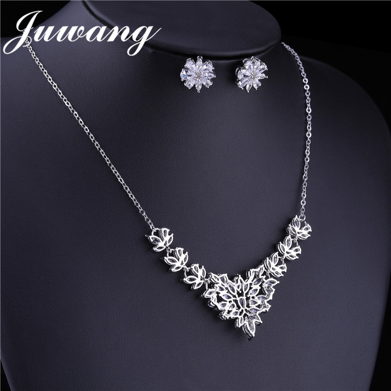 JUWANG Brand Classic Cubic Zirconia Bridal Jewelry Set for Woman Party Necklace and Earring Wedding Jewelry