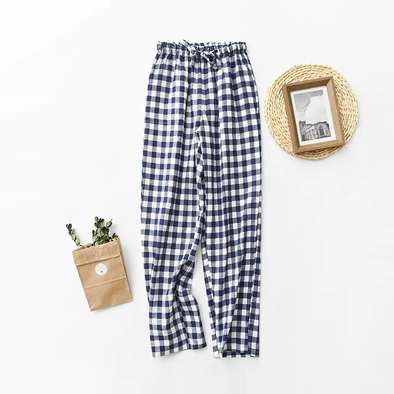 Lente Herfst Vrouwen Mannen 100% Katoen Gaas Slaap Bodems Mannelijke Nachtjapon Broek Nachtkleding Pyjama Liefhebbers Casual Plaid Broek
