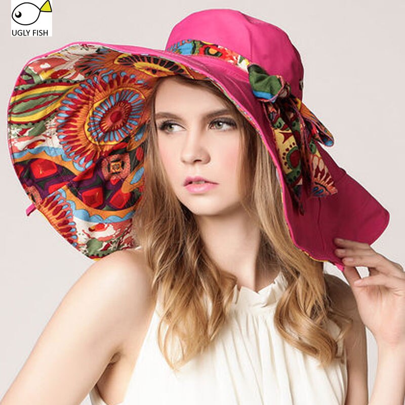 Solhatte! hatte solhatte til kvinder sommer stor strandhat blomst printet bred skygge: Rose