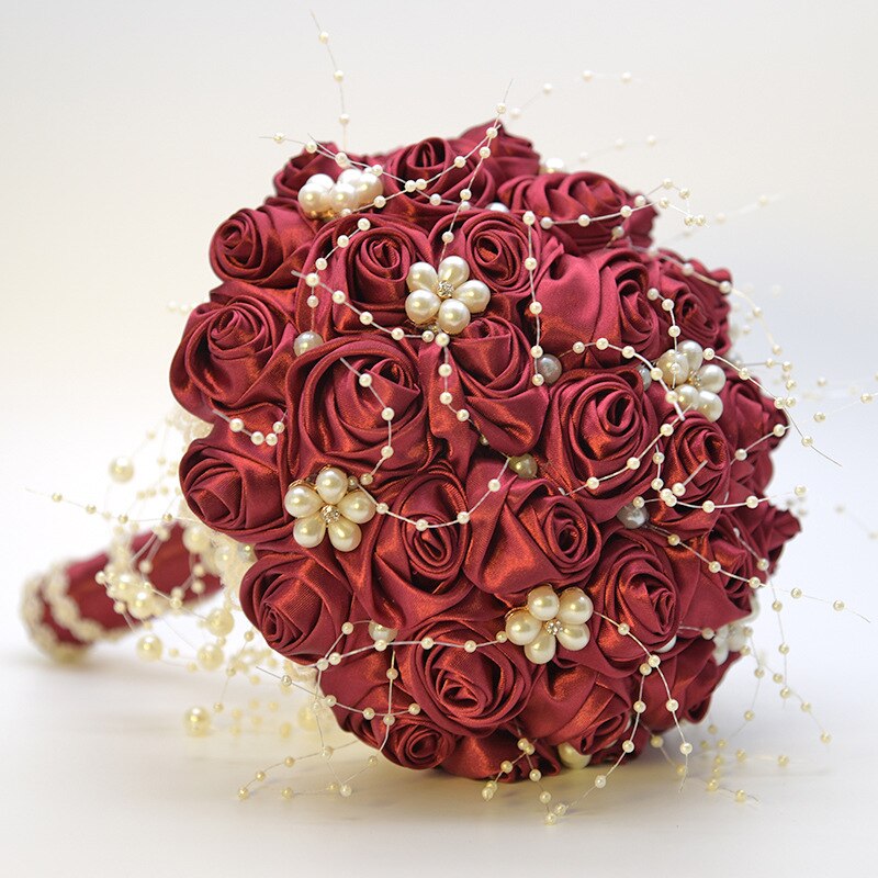 Kyunovia-ramo de flores rosas seda Borgoña, impresionante adorno de perlas para novia, dama de honor, boda