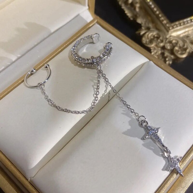 Pendientes de Clip de diamantes de imitación brillantes para mujer y niña, aretes largos sin perforación, borla cruzada, un lado, 2022