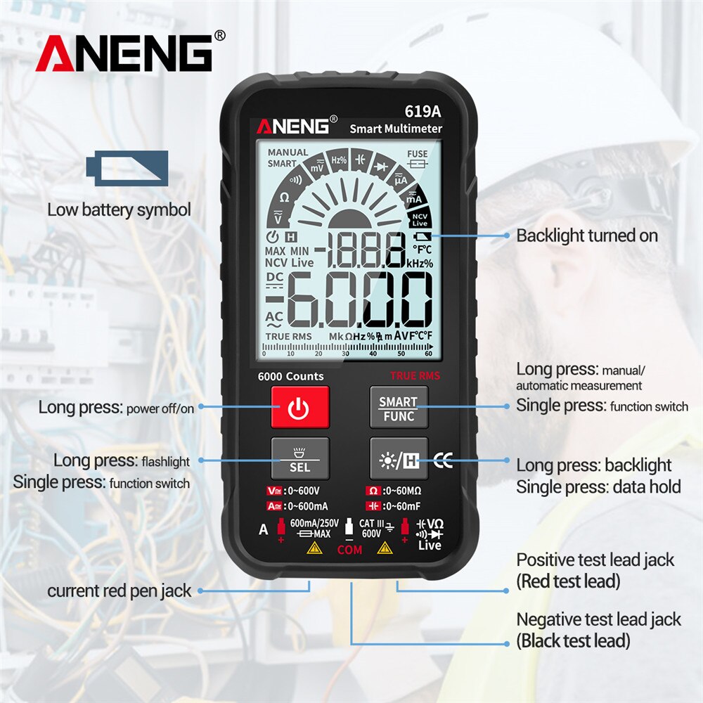 Aneng 619a true rms 6000 counts analog bar multimetro ncv meter digital multimeter ac/dc strömmar spänningsprovare