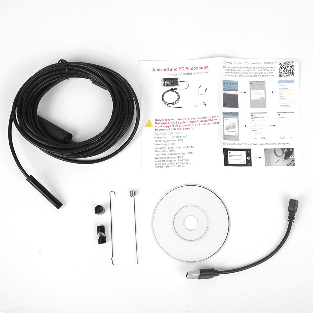 Cámara de inspección endoscópica de vídeo, boroscopio con USB, Android, 7MM, serpiente, resistente al agua