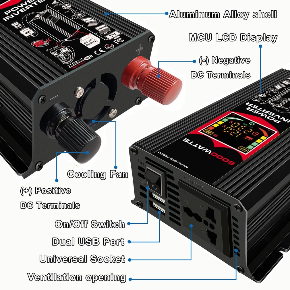 6000w 12v to 220v smart skjerm bil strøm inverter omformer adapter dual usb spenningstransformator modifisert sinusbølge