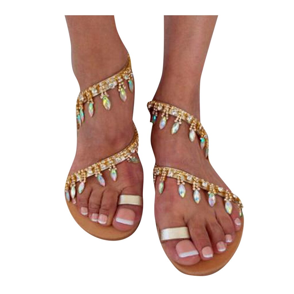 Women Flat Beaded Open Toe Breathable Comfortable Beach Shoe Light Roman Sandals zapatos de mujer tacon punta#G10: 6
