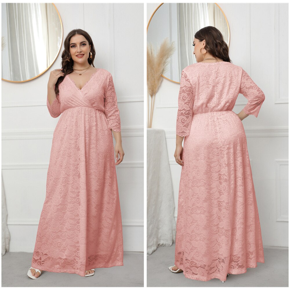 Spring European And American Style Plus Size V-Neck Evening Dress Hollowed Out Lace Dress For Women: XL / Pink