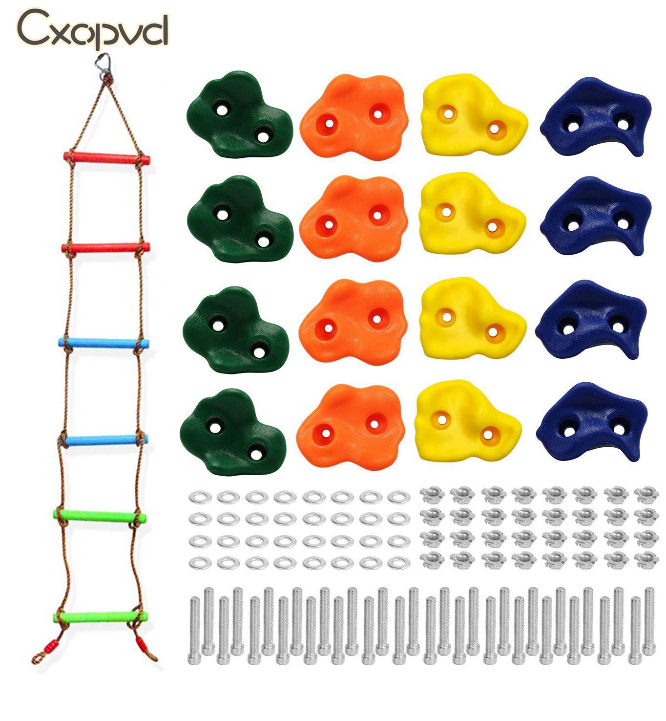 16 Rock Climbing Holds for Kids with Climbing Rope Ladder and 32 Mounting Bolts - Climbing Grips DIY Rock Stone Wall for Kids