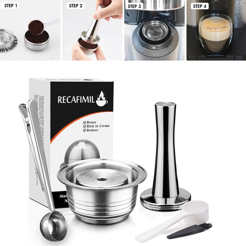 230ml Refillable Reusable Stainless Steel Coffee Pod Capsule Tamper Set For Nespresso Vertuo Plus Series Coffeeware Set
