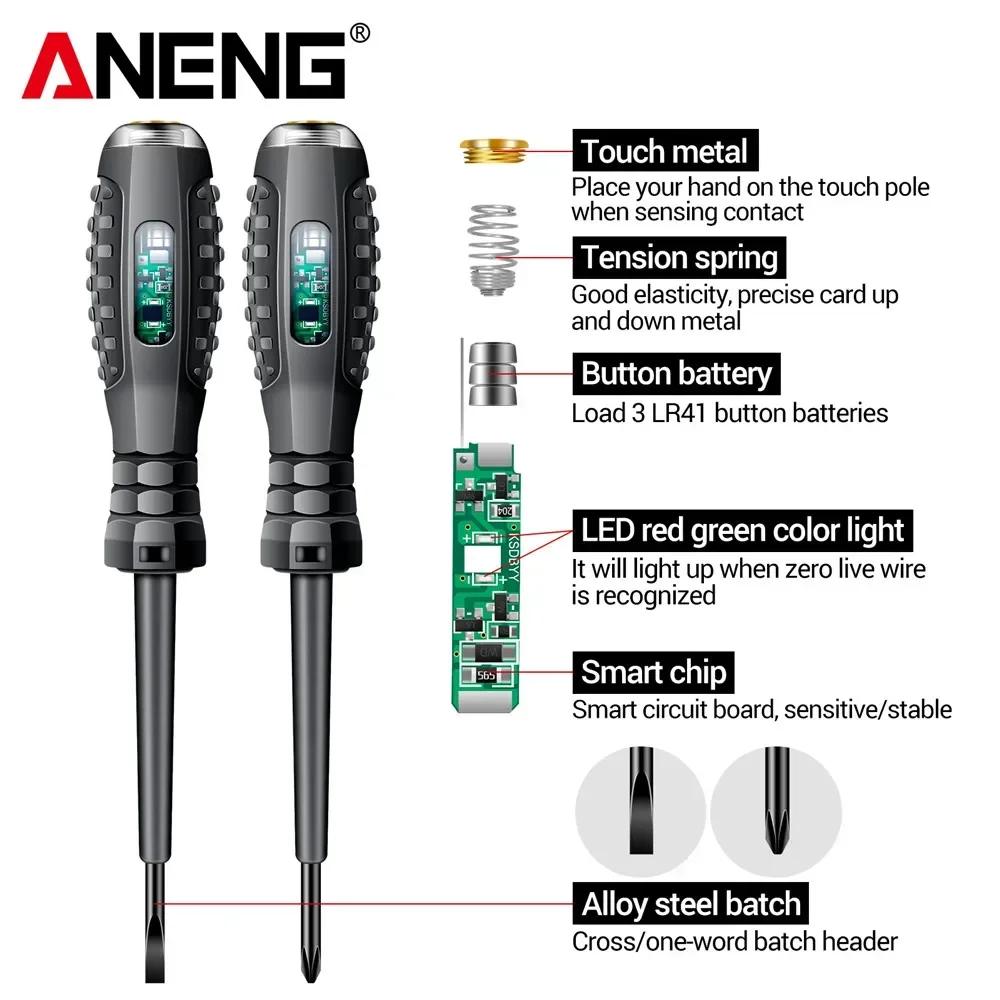 Caneta testadora elétrica ANENG B05 com indicador de tensão, caneta testadora com fenda + Phillips, chave de fenda multifuncional, ferramentas para eletricista