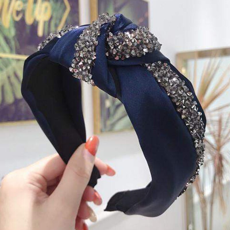 Di lusso del Rhinestone di Modo di Hairband Delle Donne Solido Lato Largo Della Fascia Centrale Nodo Turbante Dei Capelli Delle Ragazze Accessori Copricapi: navy