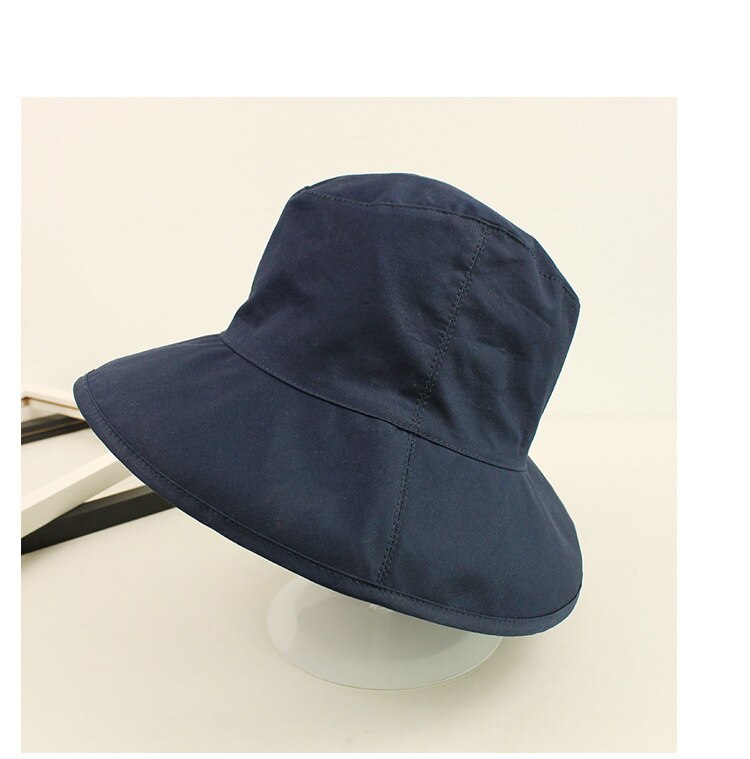 South Korea Traval Wild Hat Female Spring Summer Large Brim Sun Visor Collapsible Bucket Hat UV Cotton Foldable Fishmen Hat: dark blue