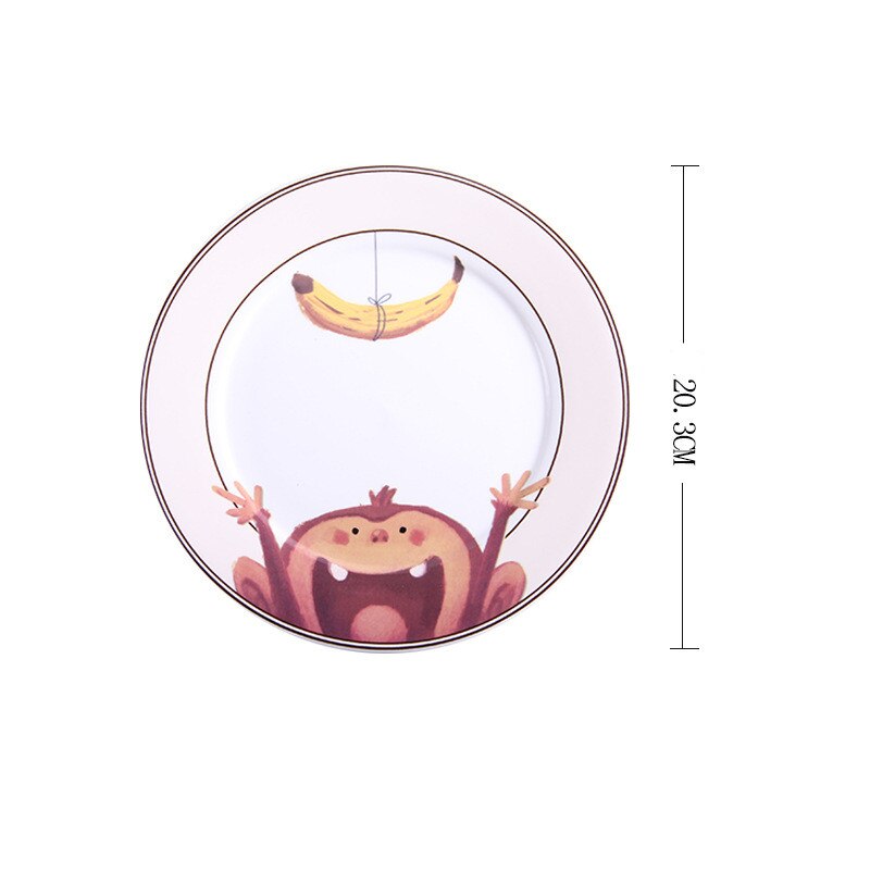 Plato de cerámica redondo de dibujos animados de 8 pulgadas, vajilla de porcelana para niños, estilo occidental, bandeja para carne, fruta, postre, frutos secos, platos para aperitivos: Mono