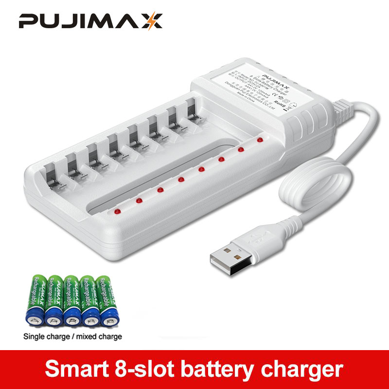 PUJIMAX Rechargeable Battery Charger USB Output 8 Slots Fast Charging Short Circuit Protection suitable for AAA/AA Battery Tools