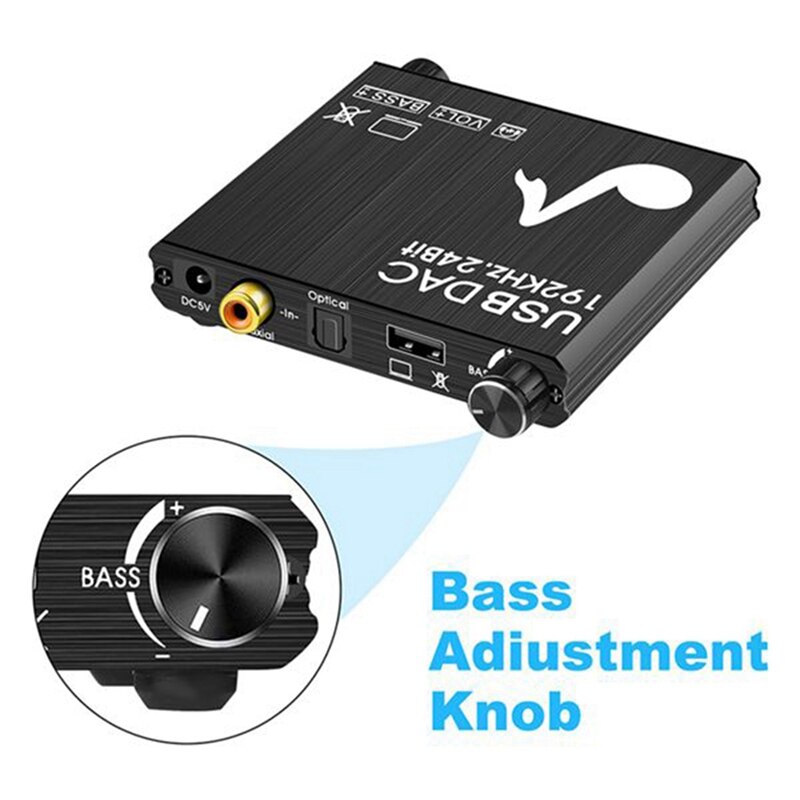 Digital to Analog Audio Converter, Bass Volume Adjustment, USB Sound Card DAC Converter 192KHZ Coaxial Converter