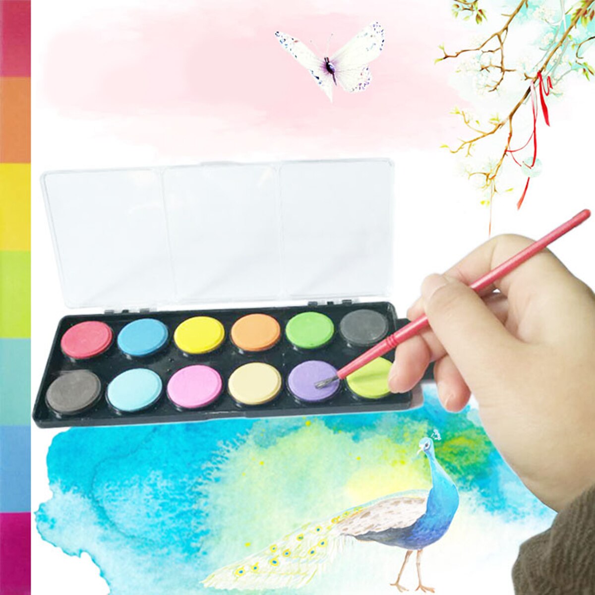 12 farver solid vandfarve maling pigment bærbar tegning maleri sæt med en pensel kunst forsyninger til kunstnere studerende børn