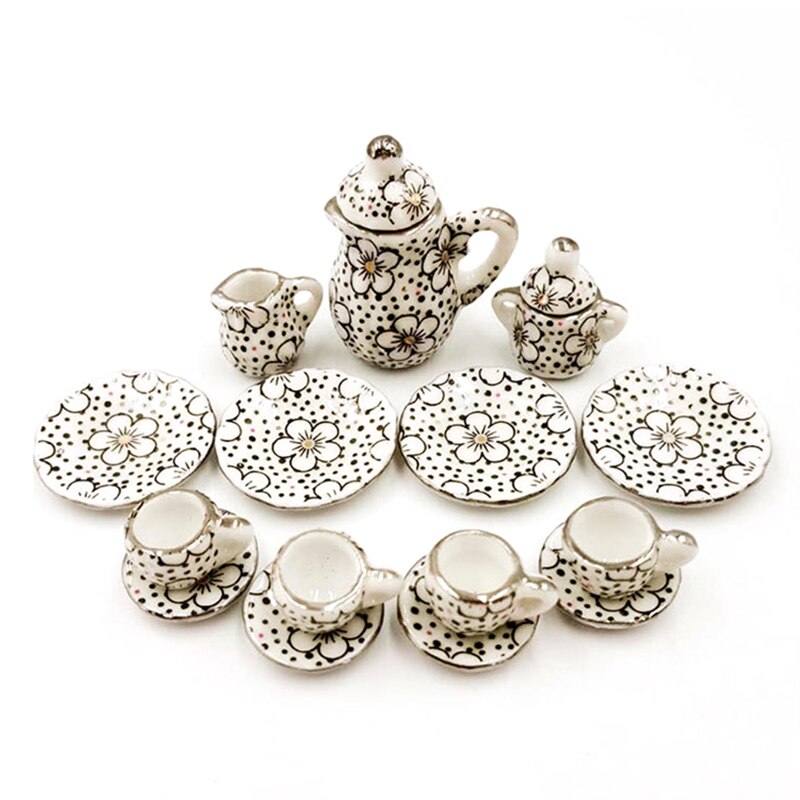 15pcs 1:12 Mini Porcelain Tea Cup Set China Flower Tableware Kitchen Doll House Scene Model Play House Toys