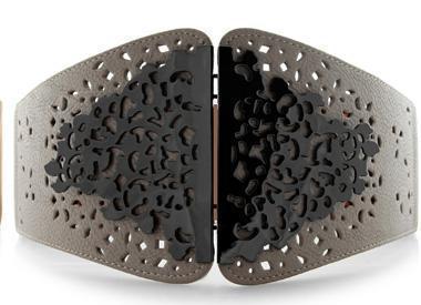 Korean Women Female Hollow Out Metal Buckles Pu Leather Patchwork Elastic Waist Belt , Black Wide Waistand For Woman: grey