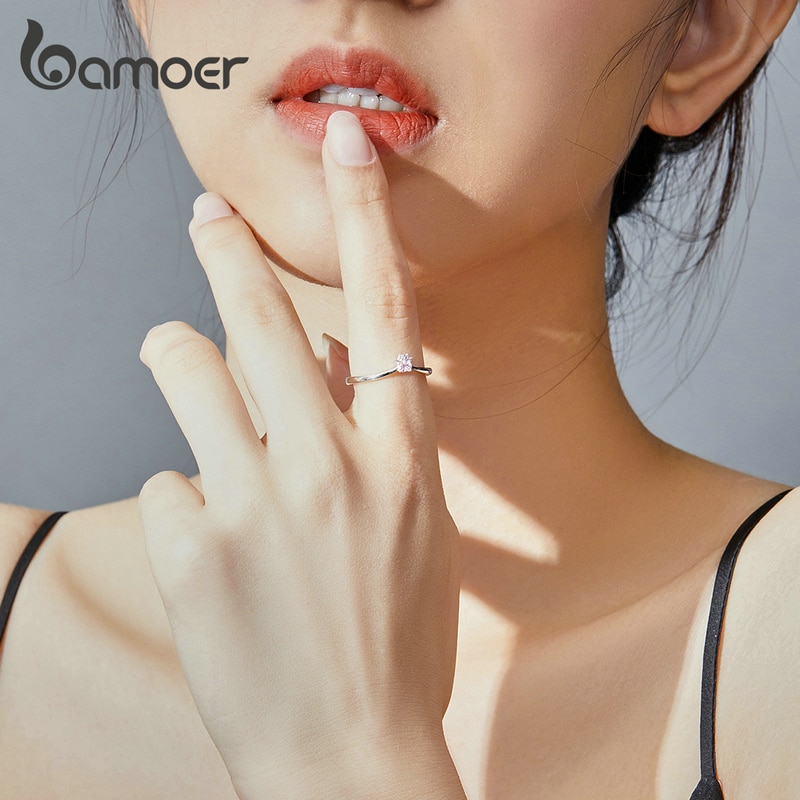 Bamoer real 100% 925 prata esterlina clássico cão pata rosa claro cz anéis de dedo para mulher prata esterlina jóias scr628